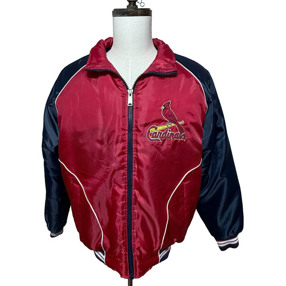 St Louis Cardinals Bomber Jacket Mens Medium Red Blue Detachable Hood Full Zip - Picture 2 of 12